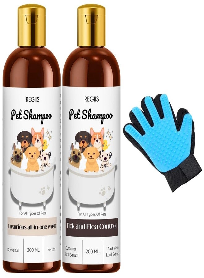 Regiis Pet Shampoo Set with Grooming Glove, Luxurious All-in-One Wash and Tick Flea Control Formula, 200ml Bottles, Blue Deshedding Brush(Pack of 3) - Image 1